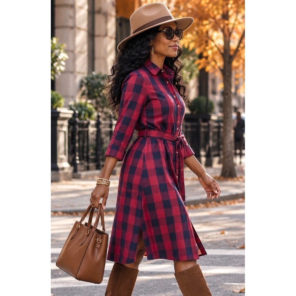 The Limited Red Navy Plaid Button Front Shirt Dress Petite Small Gold Buttons